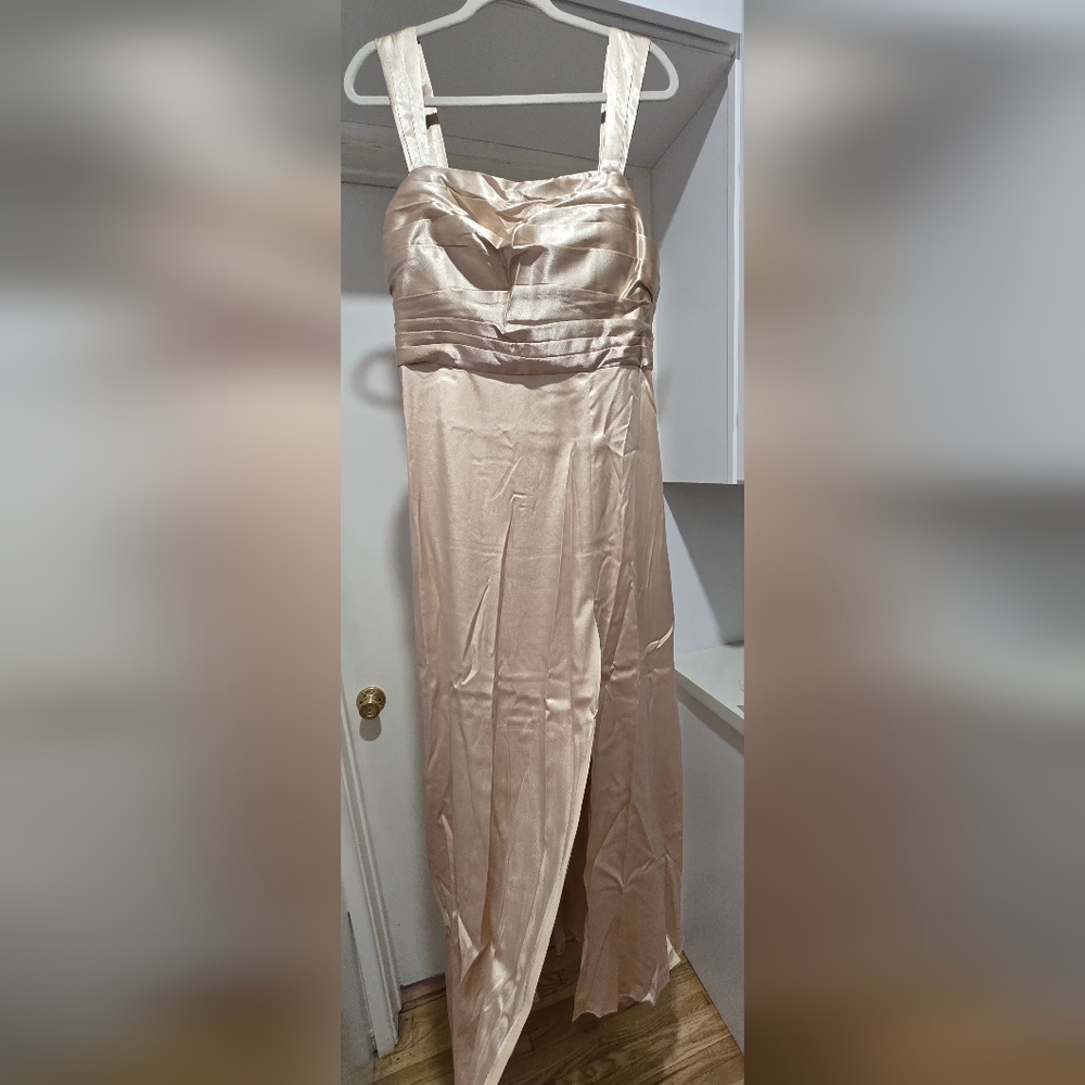 Champagne Satin Evening Dress W/Wide Straps Pleated Bodice, Side Slit - Picture 9 of 12